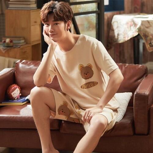 Mens Pajamas Set Summer Short-sleeve 100% Cotton Nightwear Home Wear Suits Simple Fashion Sleepwear for Men Multiple Choices