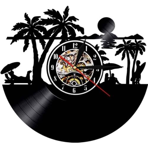 Beach Laser Etched Vinyl LP Record Scenic 3D Decorative Wall Clock Creative Wall Clock Surfing Handmade Art Wall Decor