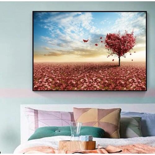 Modern Home Decor Canvas Painting Wall Art Print Landscape Red Heart Shape Tree Canvas Art Painting Tree Decor Pictures Print