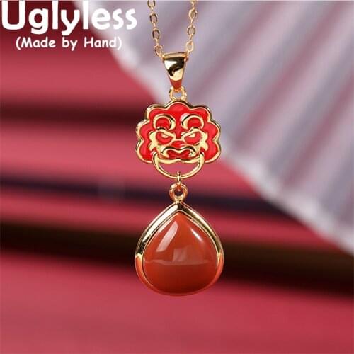 Uglyless China Myth Enamel Lions Pendants for Women Water Drop Natural Agate Necklaces 925 Silver Gemstone Jewelry Gold NO Chain