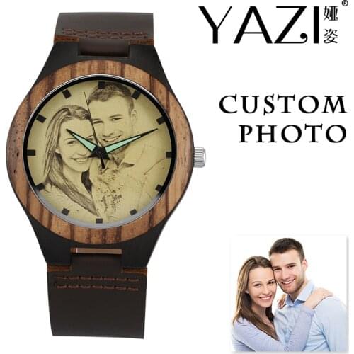 YAZI Personalized Custom Watch Photo Printing Natural Ebony Wooden Watch Engraving Picture Leather Band Unique Quartz Watches