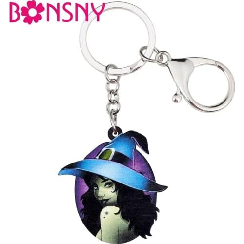 Bonsny Acrylic Halloween Sexy Witch Key Chain Key Chain Ring Round Car Purse Bag Charms Jewelry For Women Girls Ladies Gift 2018