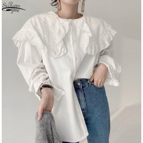 Vinatge Long Sleeve Lace Women Shirt Loose Crochet Plaid Button White Shirts New Turn Down Collar Cotton Women Blouse Tops 16121