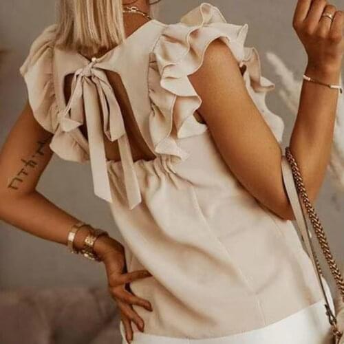 Women Solid T-Shirts Tees Fashion O-Neck Bow Hollow Out Backless Top Ruffles Short Sleeve Pleated Pullovers футболка женский