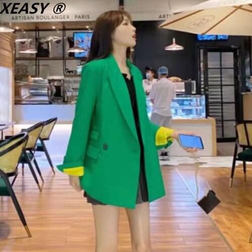 XEASY 2021 Womens Jacket Vintage Green Blazer Double Breasted Suit Female Autumn Women Clothing Oversize Jacket Blazers