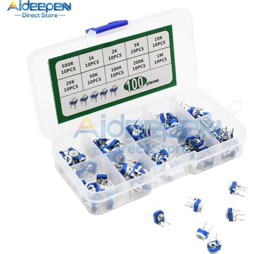 100Pcs/Box RM065 Carbon Film Horizontal Adjustable Potentiometer Kit Variable Resistor 500R 1K 2K 5K 10K 20K 50K 100K 200K 1M