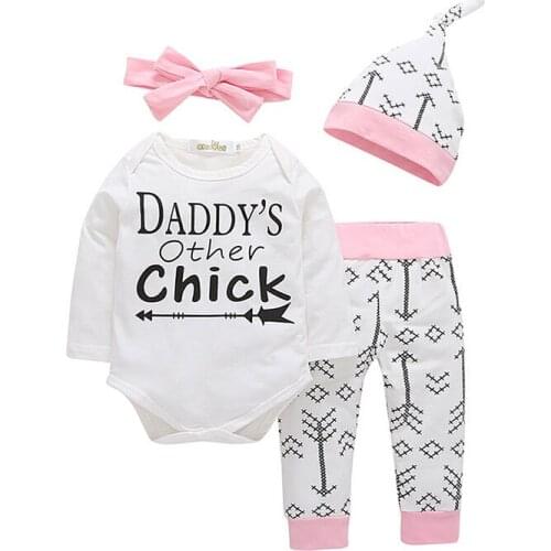 0-3 Years 4PCS Newborn Baby Cotton Clothes Girls Long Sleeve Romper Long Pants Hat Headband Outfits Clothing Mobile Phone Straps