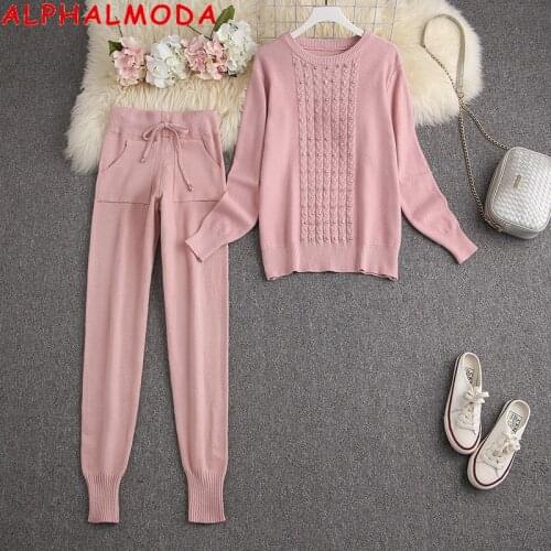 ALPHALMODA 2020 New Embedded Diamond Luxury Sweater Pants 2pcs Fashion Suit Women Trendy Winter Comfy 2pcs Outwear