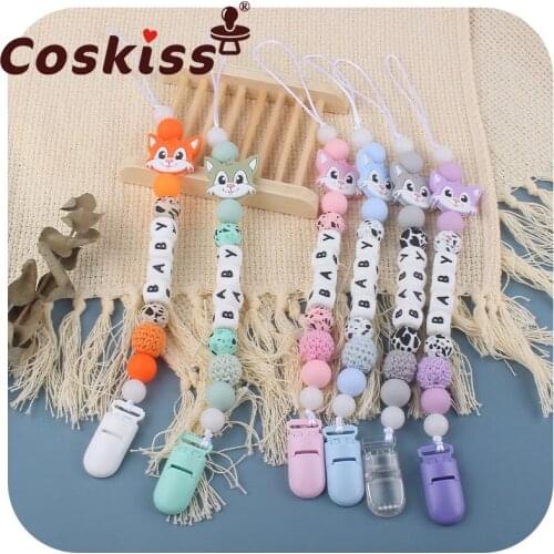 Coskiss Customizable Pacifier Chain Personalised Name Baby Pacifier Clip Crochet Beads Silicone Fox Feeding Chain Teether Toys