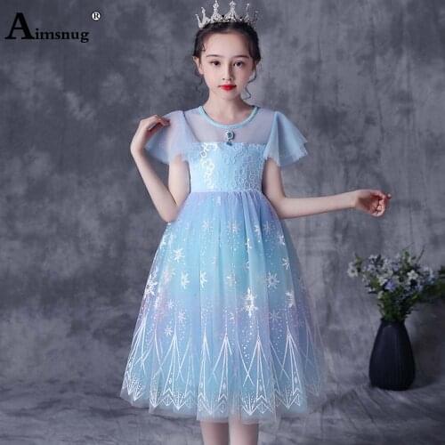 Children Puff Sleeve Dresses 2021 Patchwok Guaze Snowflake Princess Birthday Party Wedding Dress Kid Girls Mid-Calf Gown Dress