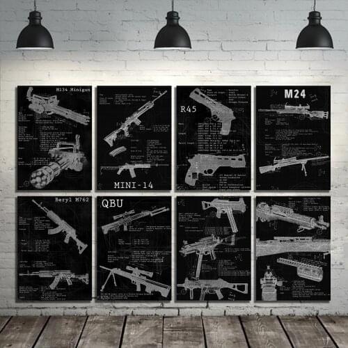 G257 AWM AKM P29 Art Decor Luger Pistol Revolver Patent Blueprint Gun Chart Weapon Wall Art Canvas Painting Canvas Poster