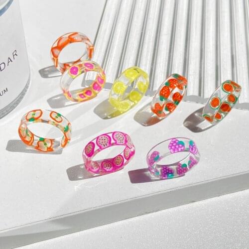 Fashion Cute Resin Fruit Rings for Women Strawberry Lemon Orange Pattern Finger Joint Rings Party Jewelry Bulk Anillos