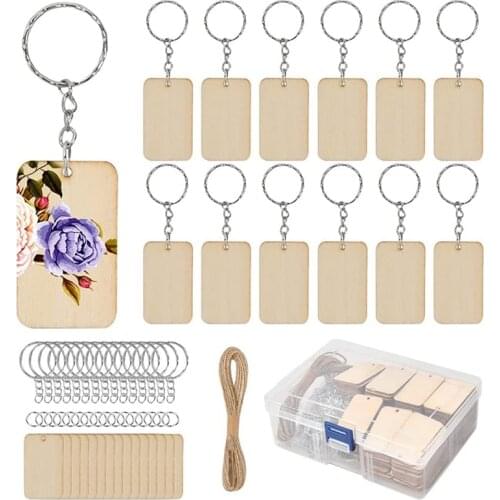 80Pcs Blank Rectangle-Shaped Wooden Keychain Set, 80Pcs Key Rings and Hemp Rope Keychain DIY Keychain Supplies for Craft