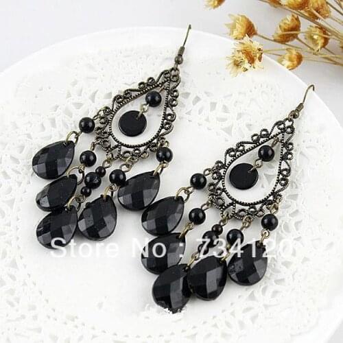 New style Europe & America Popular Noble Jewelry Vintage Purple Water Drop Tassel Earrings (black)