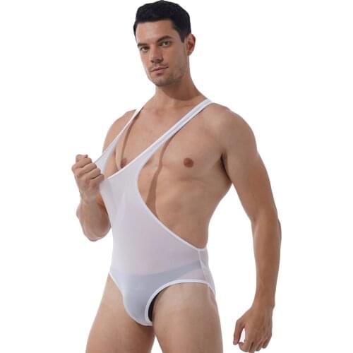 Sexy Sleepwear Men Bodysuit Fitness Wrestling Singlet Stretchy Deep U-Neck Sleeveless Skinny Jumpsuits Leotard Sport Underwear