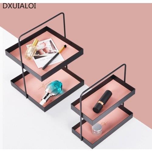 Double-layer leather cushion metal storage tray entrance storage tray sundries cosmetics jewelry finishing tray dessert tea tray