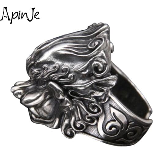 Apinje Thai Silver S925 Sterling Silver Open Ring for Men Pixiu Silver Retro Gothic Ring Jewelry