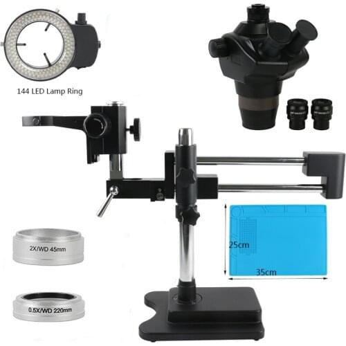 8X-50X 4X-100X Zoom Simul Focal Double Boom Stand Stereo Trinocular Microscope + 0.5x 2.0x Lens For PCB Soldering Repair