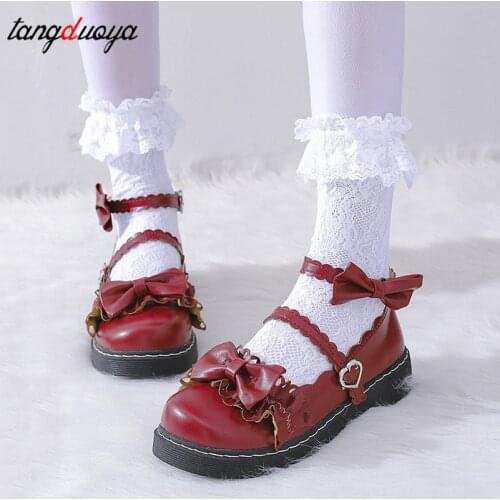 Lolita shoes women bow womens shoes heel round head women shoes comfortable kawaii girl loli cosplay shoes detachable shoestrap