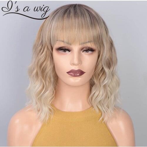 Is a wig Short Water Wave Synthetic Wig with Bangs Mixed Brown and Blonde Wigs for White /Black Women African American