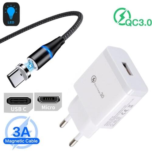 QC 3.0 USB Charger Magnetic Fast Charge Type C Micro Cable For Xiaomi 11 Mi 10T Redmi 9A Sony Xperia 1 10 II XA1 Lenovo K5 play