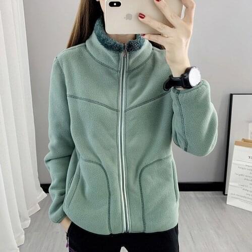 Women Jacket Spring Fall Outdoor Stand-Up Collar Double-Sided Wear Plus Velvet Thickening Coral Fleece Warm All-Match Sweater