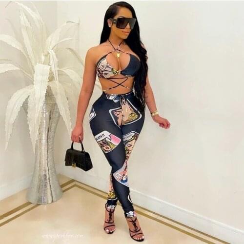 2021 Summer Womens New Fashion Sexy Print Suspender Wrapped Chest + Print Pants Two Piece Set
