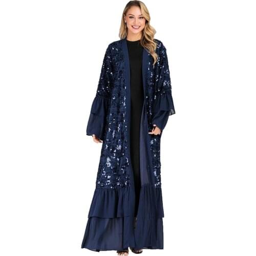 BianFeng Womens Hot new Sequin Robe Chiffon Trumpet Sleeve Muslim Cardigan