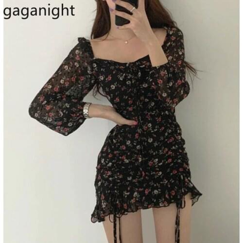Gaganight Korean Floral Women Sexy Mini Short Dress Long Sleeve Lace Up Ruffles Elegant OL Dresses 2021 Spring Slim Vestidos New