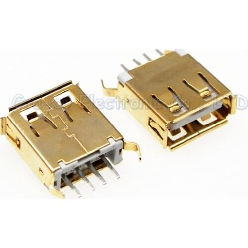 100pcs 24K Gold Plating USB-A Female socket connector A female 180 degree Bend foot crimping
