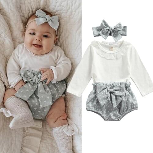0-24M Lovely Baby Girls Boys 3pcs Clothes Sets Lace Collar Long Sleeve Solid Romper Printed Short Headband