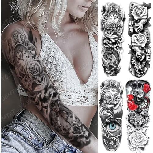 Large Arm Sleeve Tattoo Clocks Rose Eye Lion Waterproof Temporary Tatto Sticker Flower Time Body Art Full Fake Tatoo Women Men