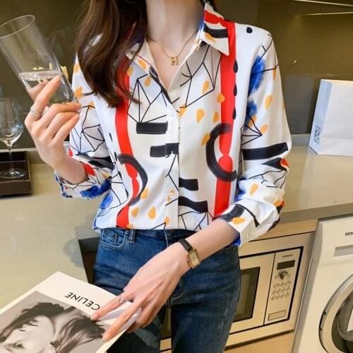 Chikichi 2021 Spring and Autumn Korean Fashion Lapel Casual Loose Chiffon Top Cardigan Long Sleeve Printed Shirt Women