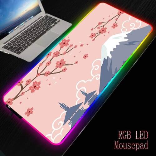 Pink Cherry Blossom Japan Mount Fuji Gaming Mouse Pad Computer Mousepad RGB Large Mause Pad PC Desk Play Mat with LED Backlit