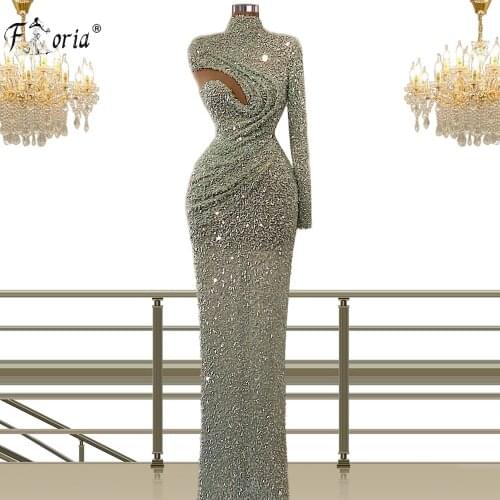 Sparkly Gray Green Long Sleeve Arabic Evening Dresses 2021 High Neck Beaded Sequin Sexy Prom Gowns For Women Celebrity Party