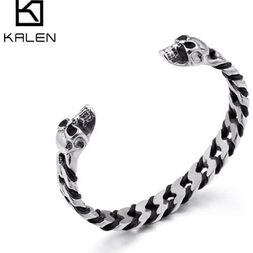 Kalen Punk Mens Open Bangles Skull Head Accessories Stainless Steel Leather Bracelet Jewelry