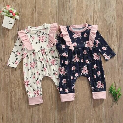 0-24Month Newborn Baby Girls Floral Print Romper,Toddler Spring Autumn Sweet Cute Long Sleeve Round Callor Jumpsuit with Ruffles