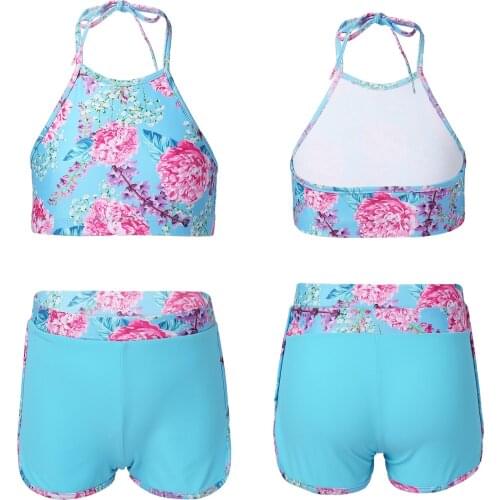 2Pcs Kids Girls Summer Dance Yoga Set Exercise Running Sets Outfit Sportswear Halter Neck Sleeveless Crop Top Elastic Shorts Set