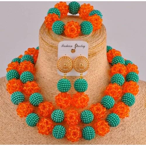 Teal Green Orange Nigerian Wedding African Beads Jewelry Set Crystal
