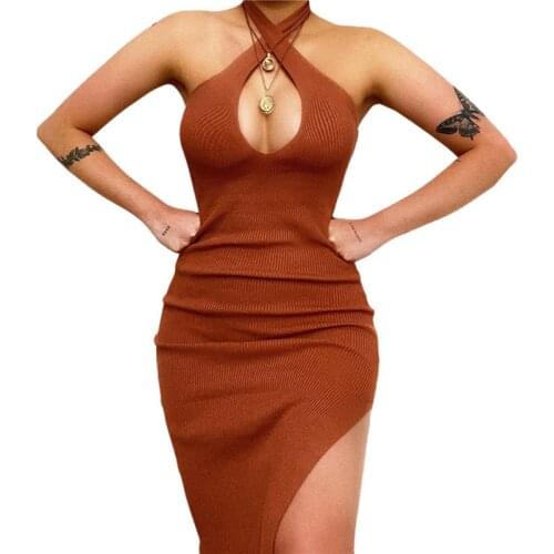 Summer Sexy Ladies Halter Backless Bodycon Dress Women Sexy Clubwear Off Shoulder Cutout Suspender Split Irregular Vestidos 2021