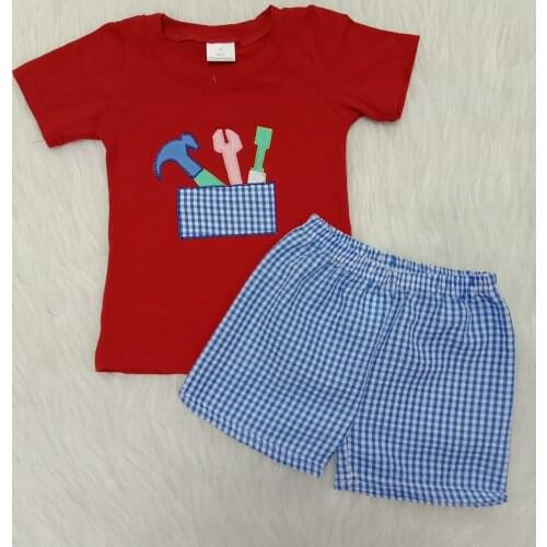 Embroidery tools outfits boys red summer t-shirt and seersucker plaid shorts 2 pcs sets children kids toddler clothing set