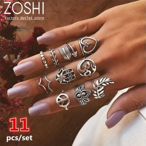 11pcs Buddha Fatima Hand Retro Boho Ring Set Against War Peace Olive Branch Arrow Heart Mid Ring For Women Flower Knuckle Ring
