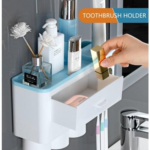 Bathroom Accessories With Magnetic Cup Toothbrush Holder Automatic Toothpaste Dispenser Holder Wall Mount Rack Storage For Home