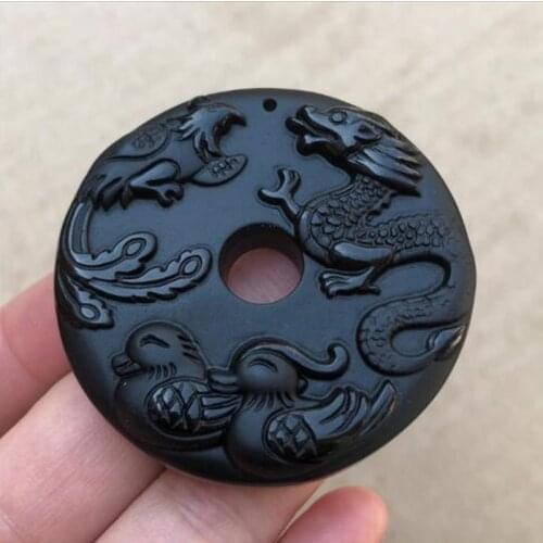 Natural Obsidian Dragon and Phoenix mandarin duck Safety buckle Pendant Jewelry Fine Jewelry Prosperous marriage Crystal Pendant
