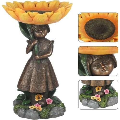 Sunflower Girl Garden Statue Sculpture Bird Feeder Planter Basket Lawn Ornament Outdoor Garden Yard Decoration For Gard