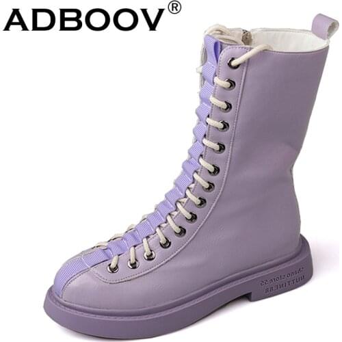 ADBOOV Mid Calf Leather Boots Women Side Zip Flat Martins Boots Shoes Stivali Donna