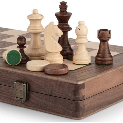 Wooden International Chess and Checkers Set Chess Game German Knight Staunton Chessmen Foldable Wooden Chessboard Gift Toy I164