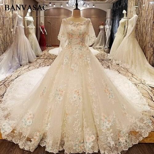 BANVASAC 2018 Plus Size Real Photos Beadings Ball Gown Wedding Dresses Long Sleeve Lace Flowers Cathedral Train Bridal Dresses