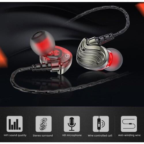Universal S8 Quad-core Dual Moving Coil 3.5mm In-Ear Headphones HD HiFi 6D Stereo Bass Music Wired Earphone Earbuds with Mic New