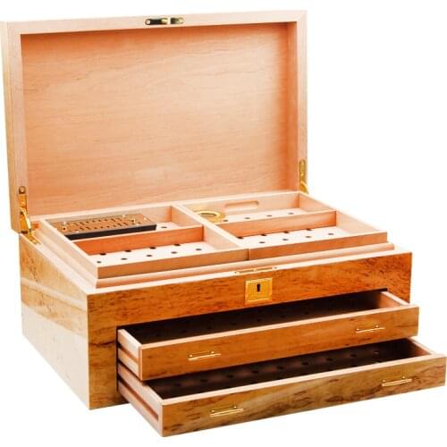 Large Capacity 100 Cigars Case Cedar Wood Cigarette Humidor Box With Lock Humidifier Hygrometers 2 Draws Cabinet